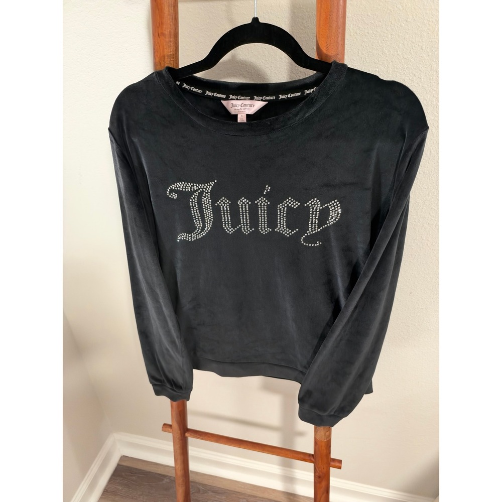 Juicy Couture Black Velour Rhinestone Logo Long Sleeve Sleep Top Womens Medium